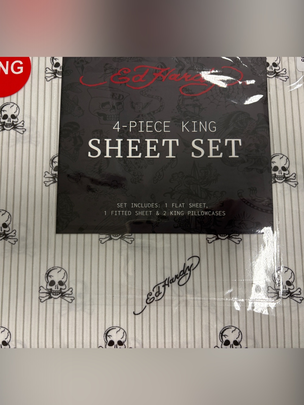 Ed Hardy White and Black Skull Stripe Sheet Set king or queen